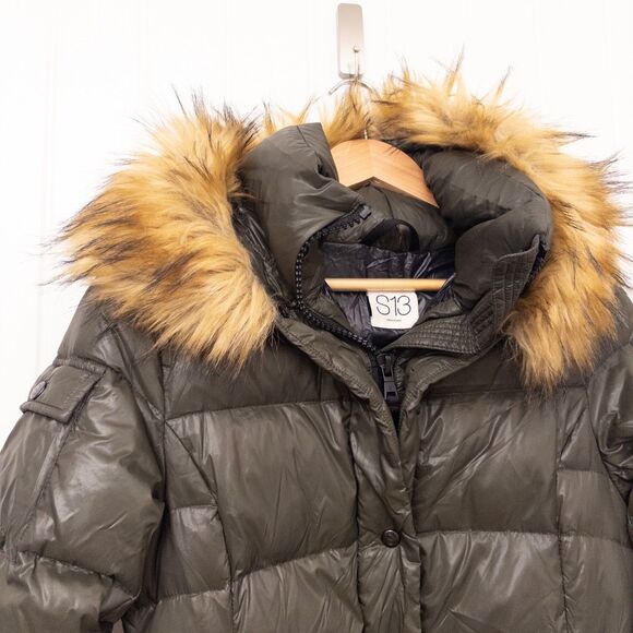 S13 Chalet Belted Faux-Fur-Trim Hooded Down Puffer Coat Green Size Small - Picture 3 of 16